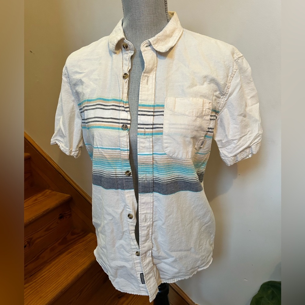 Vans Cream and Blue Striped Button Down Shirt